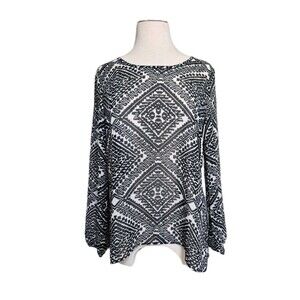 Charming Charlie Long Sleeve Sheer Blouse Womens S Black/White Geo Pattern
